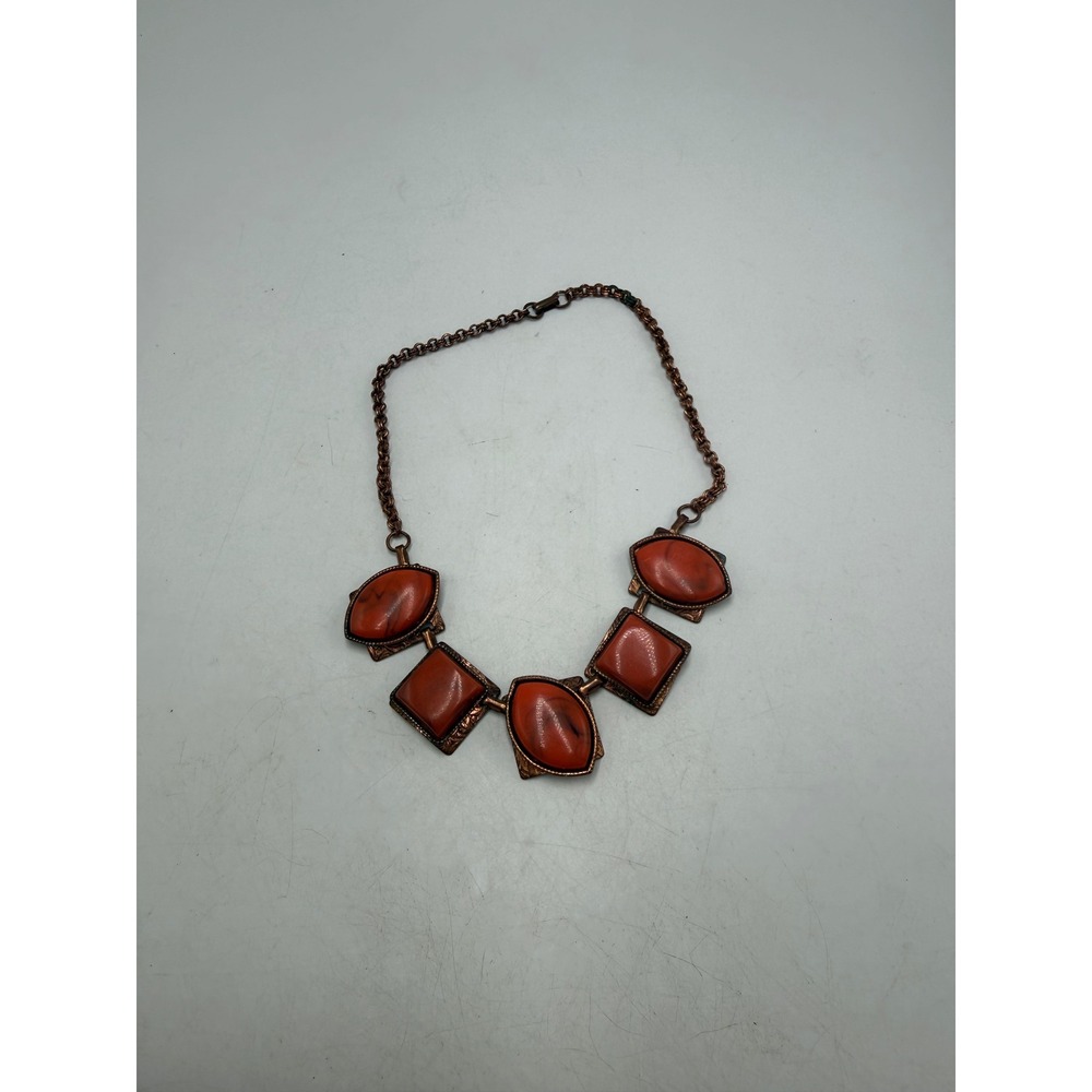 Vintage Copper Tone Faux Coral Statement Necklace Geometric Panels Orange Red